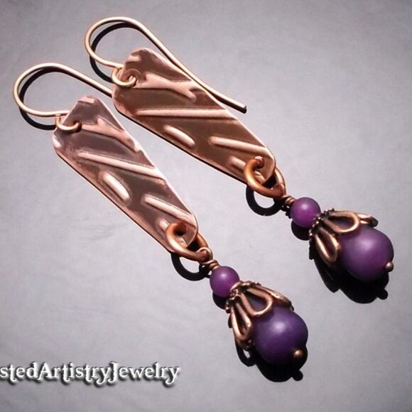 Purple Jade and Copper Freeform Inverted Triangle Earrings - Picture 2 of 4